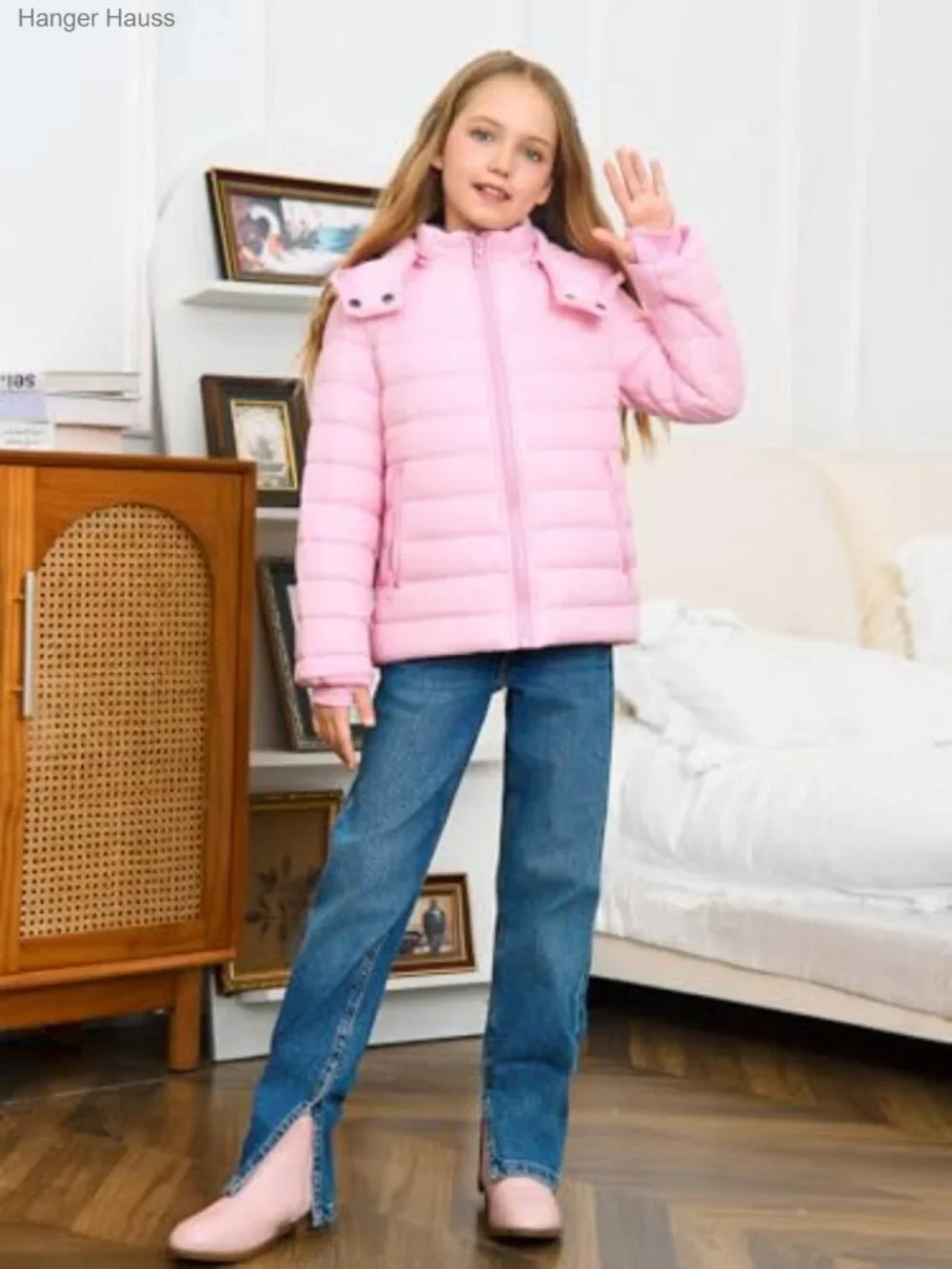 Kids Quilted Puffer Jacket Water Resistant Windproof Detachable Hood Zip Up